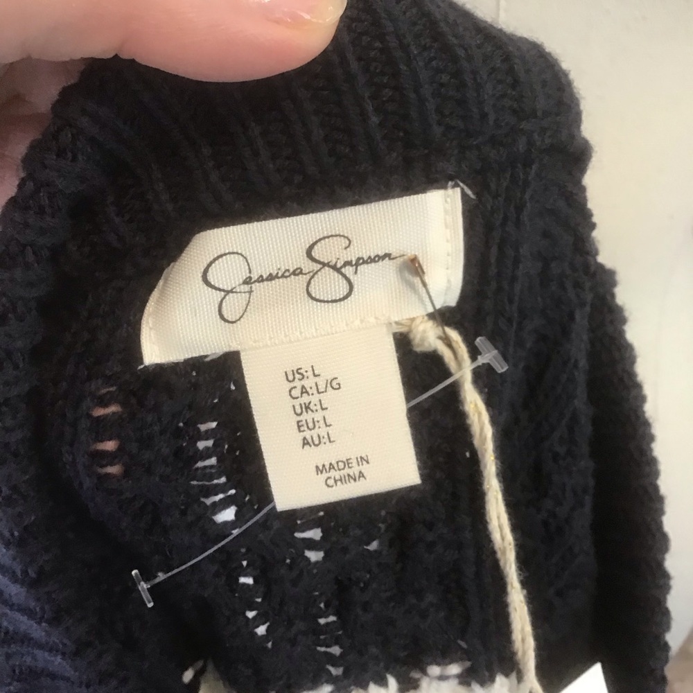 JESSICA SIMPSON Navy White Stripes Pullover Chunky Cable Knit Sweater L NEW - Picture 5 of 7
